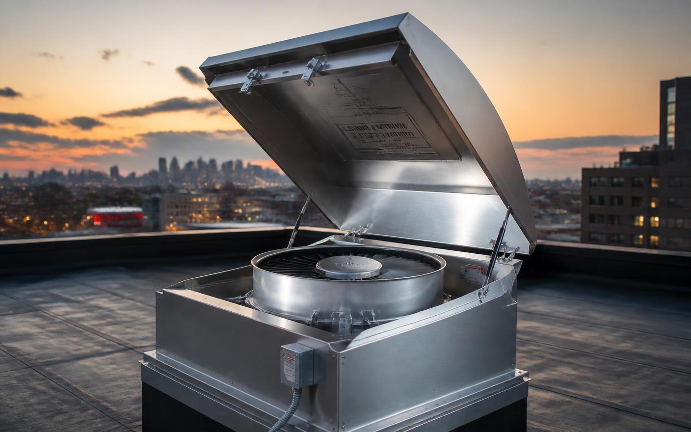 Rooftop kitchen exhaust fan hinged open for cleaning at dusk